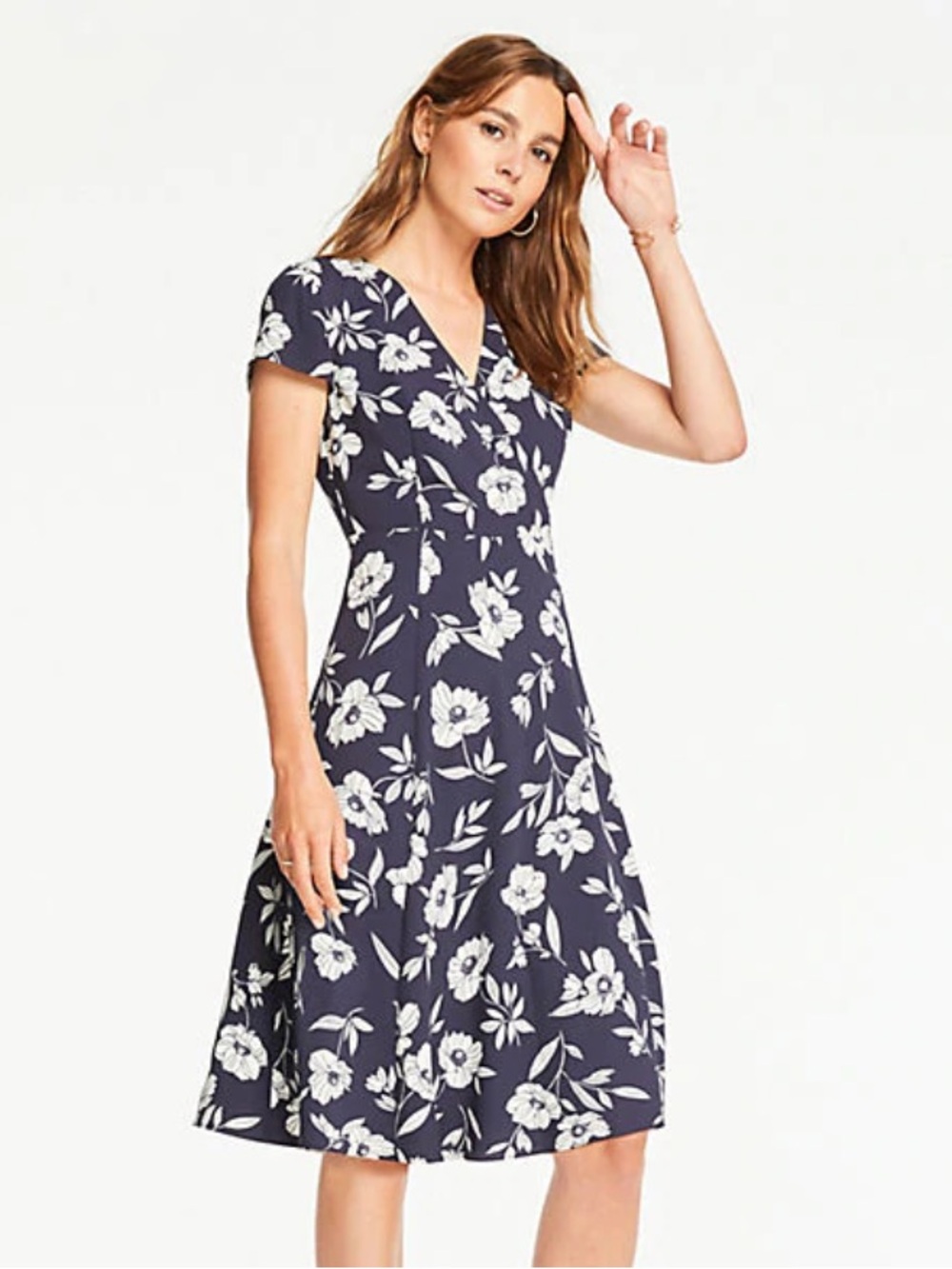 Ann Taylor Navy and White Floral Fit-and-Flare Midi Dress